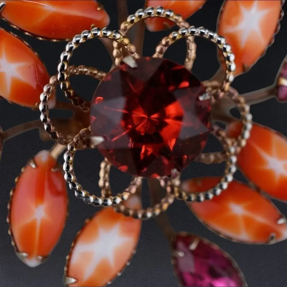 Vintage Atomic Starburst Brooch Orange Pink Rhinestone 2 in‎ MCM Retro Statement